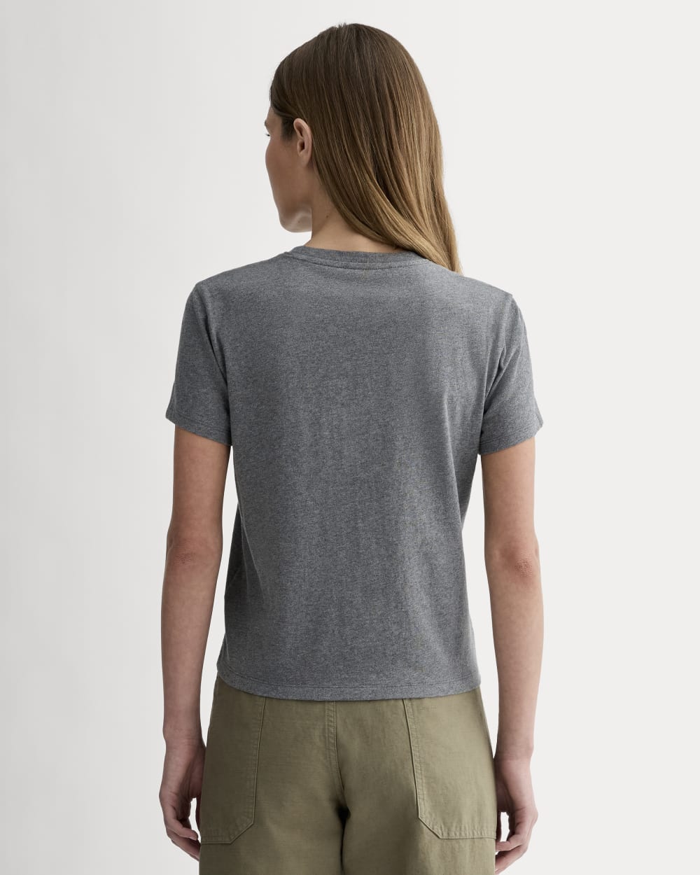 The Box-Cut Tee in Essential Cotton in Heathered Charcoal — detail view