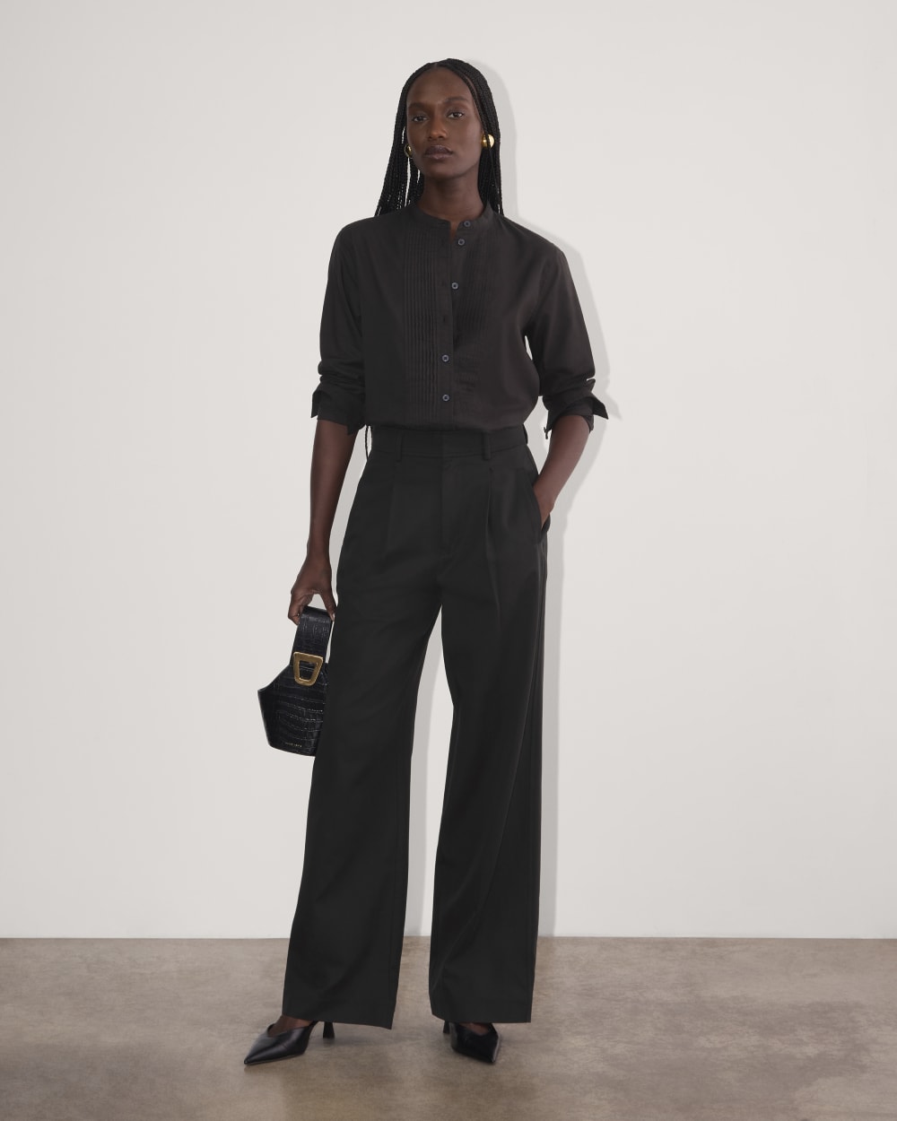The Tuxedo Shirt in Silky Cotton in Black — detail view