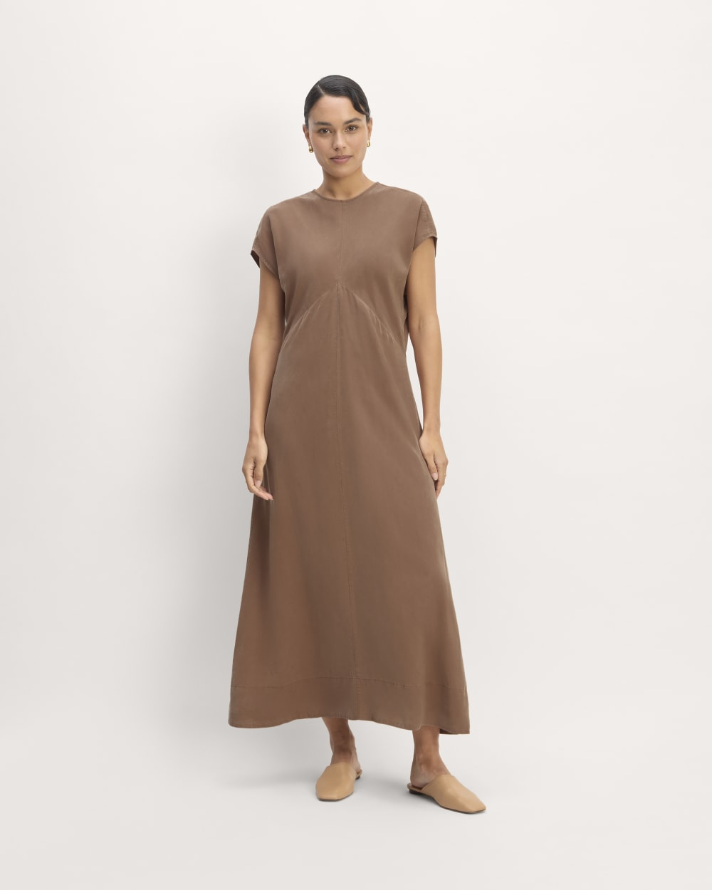 The TENCEL™ Short-Sleeve Midi Dress in Carob Brown — front view