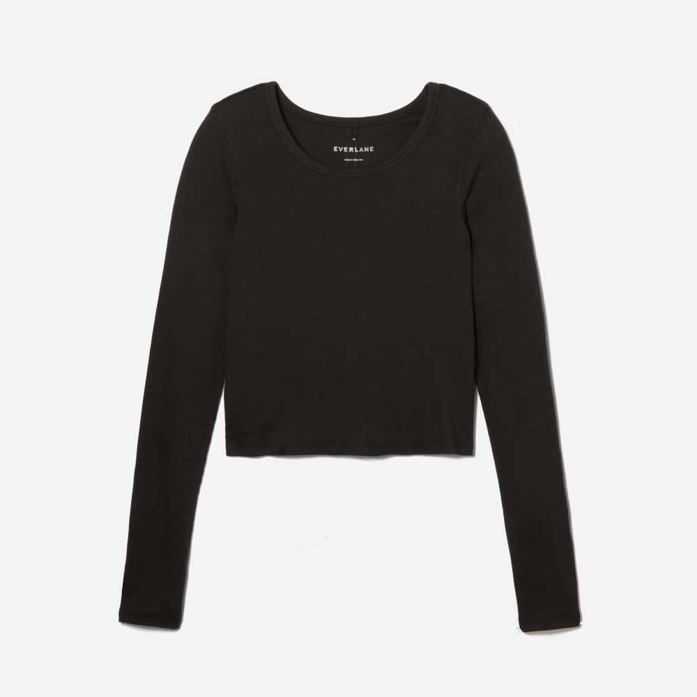 The Pima Micro-Rib Cropped Long-Sleeve Crew in Black — alternate view