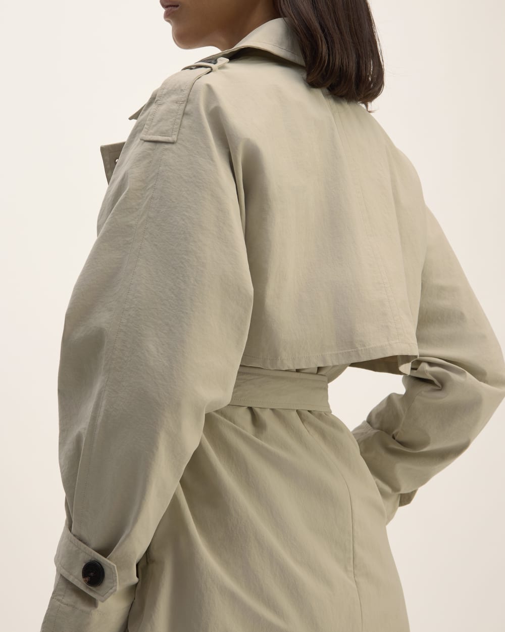 The ReNew Long Trench Coat in Trench Coat Khaki — detail view