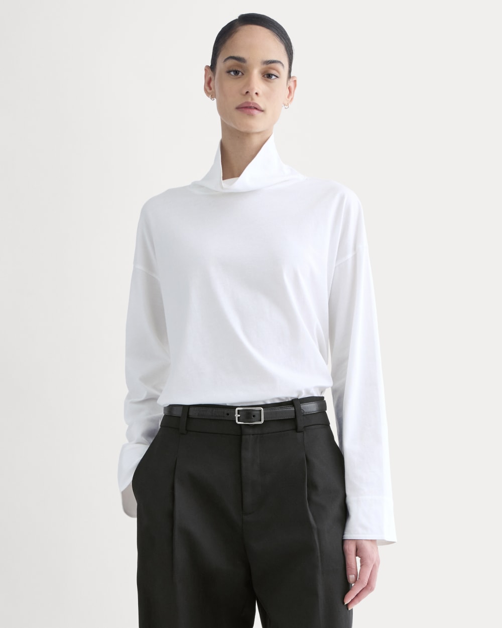 Slouchy Turtleneck In Essential Cotton in White — front view