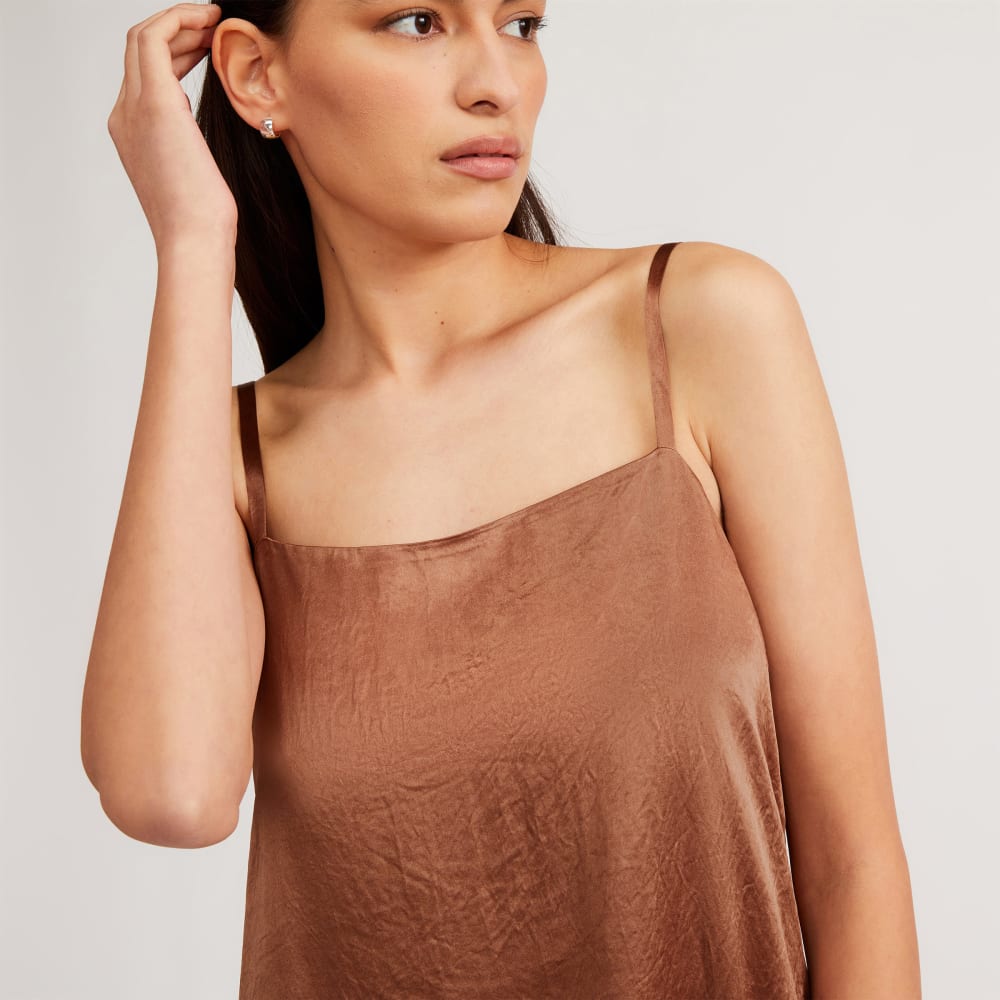The Satin Square-Neck Slip Dress in Carob Brown — detail view
