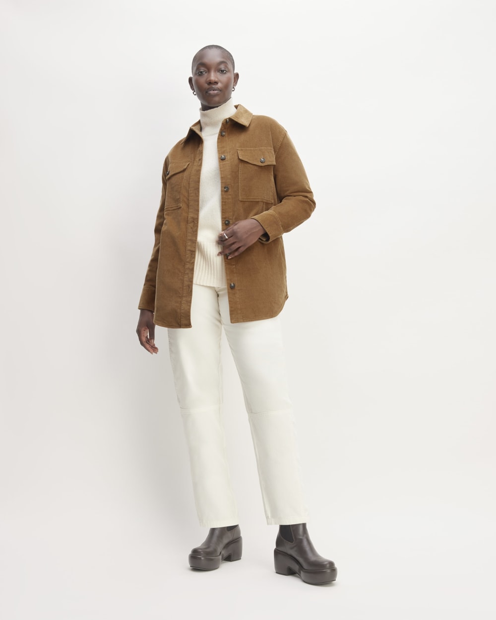 The Corduroy Oversized Shirt Jacket in Toasted Coconut — detail view