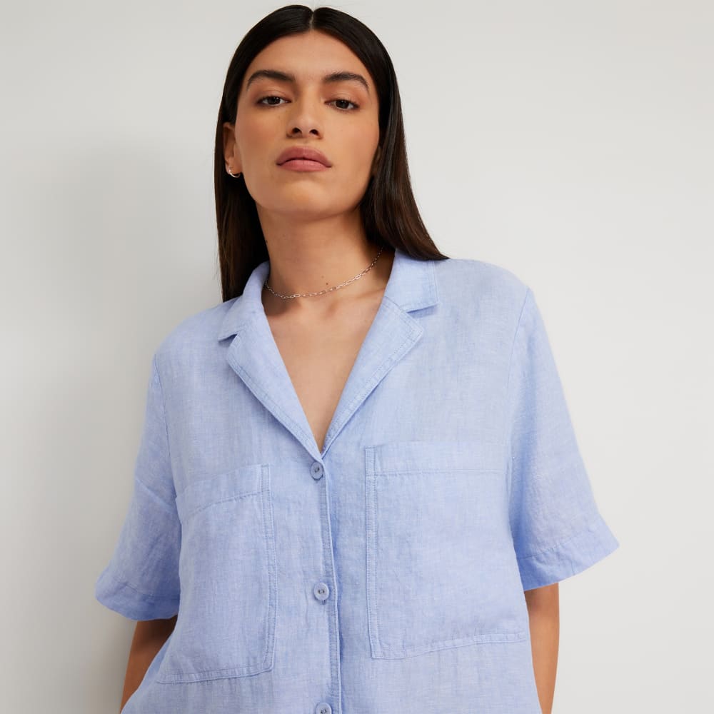 The Linen Workwear Dress in Light Blue — detail view