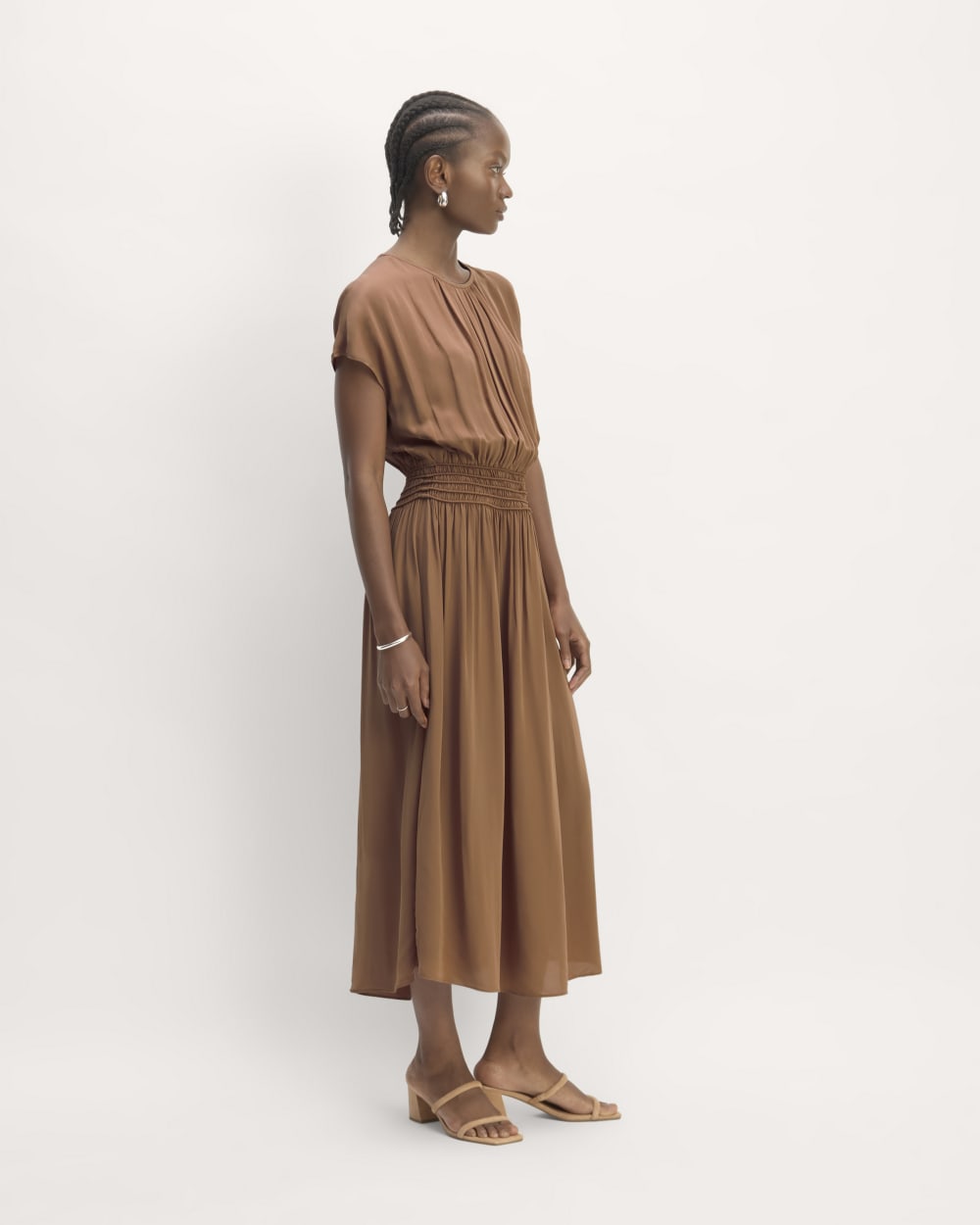 The Gathered Midi Dress in Carob Brown — detail view