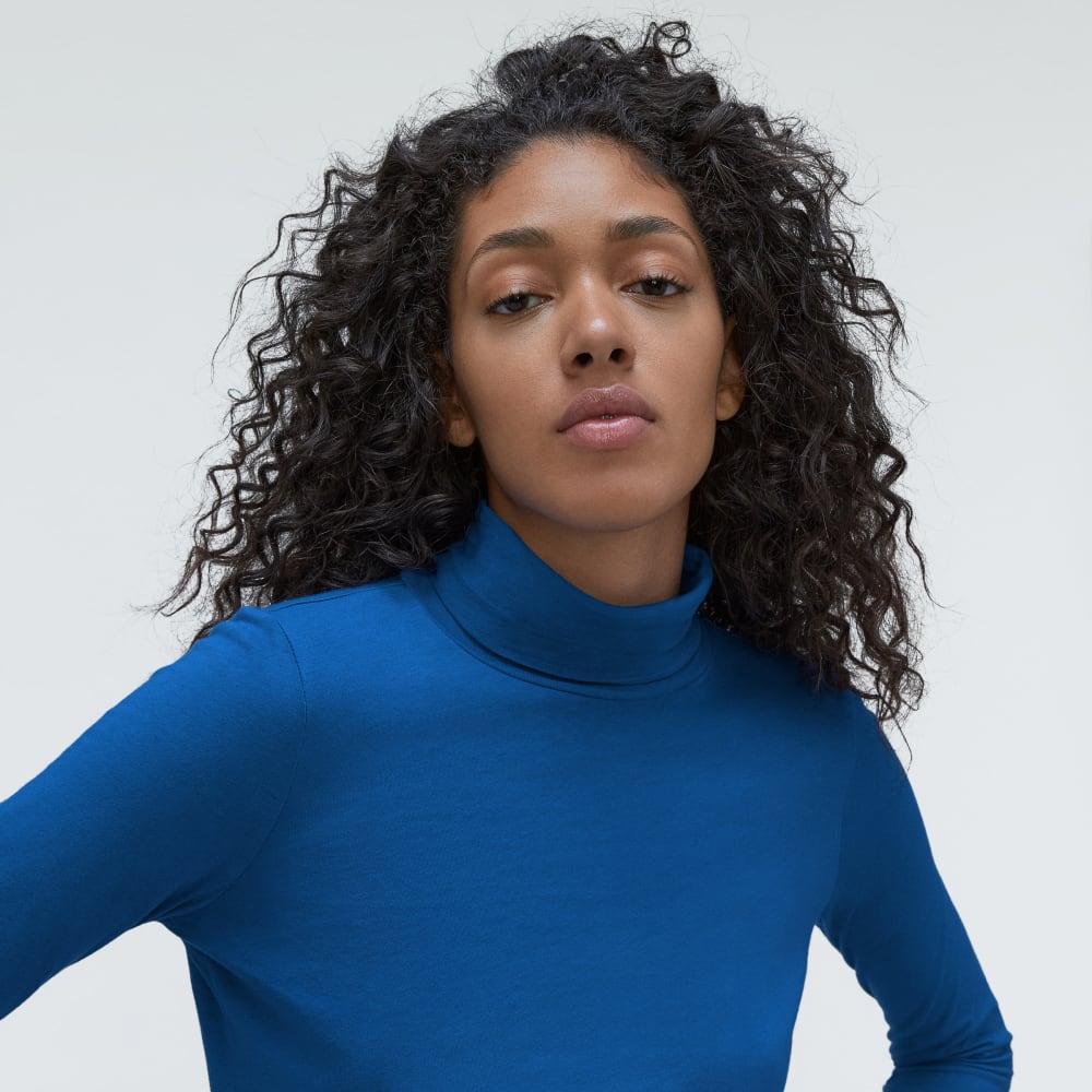 The Organic Cotton Turtleneck in Lapis Blue — detail view