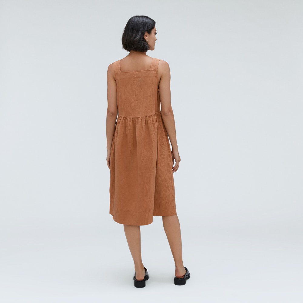 The Seersucker Midi Dress in Tawny Brown — detail view