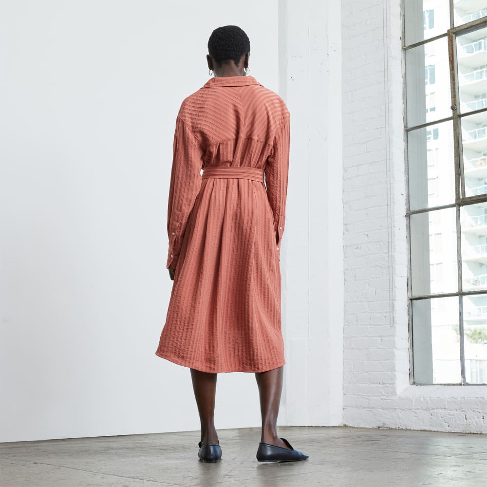 The City Stripe Draped Shirt Dress in Redwood — detail view