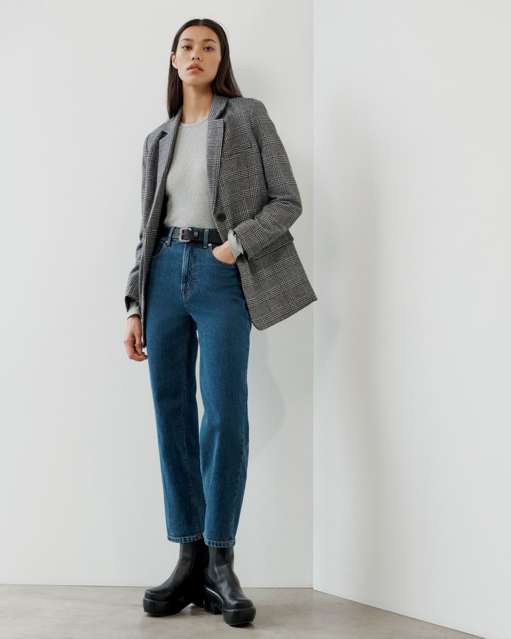 The Oversized Blazer in Wool in Glen Plaid — front view