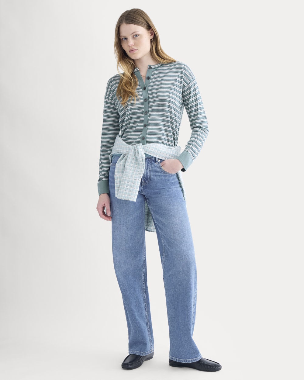 Crew Cardigan in Ultrasoft Merino in Reflecting Pond Multi Stripe — detail view