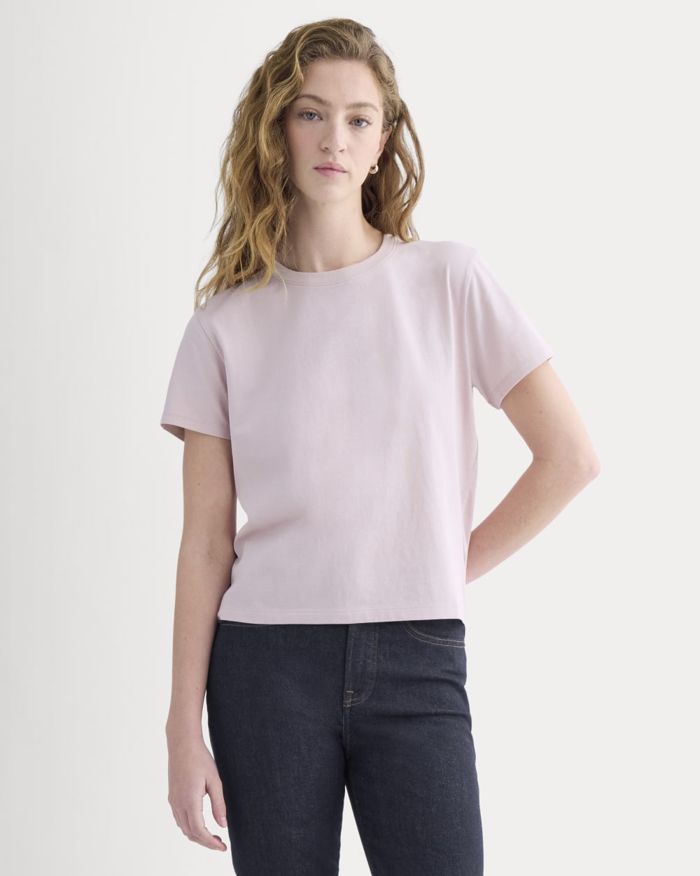 The Box-Cut Tee in Essential Cotton in Burnished Lilac — detail view