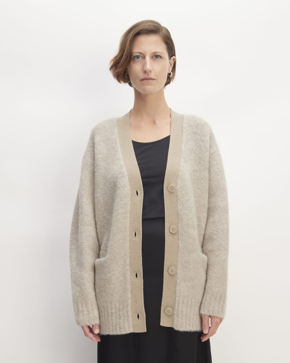 The SuperFuzz Alpaca Cardigan in Light Oat — front view