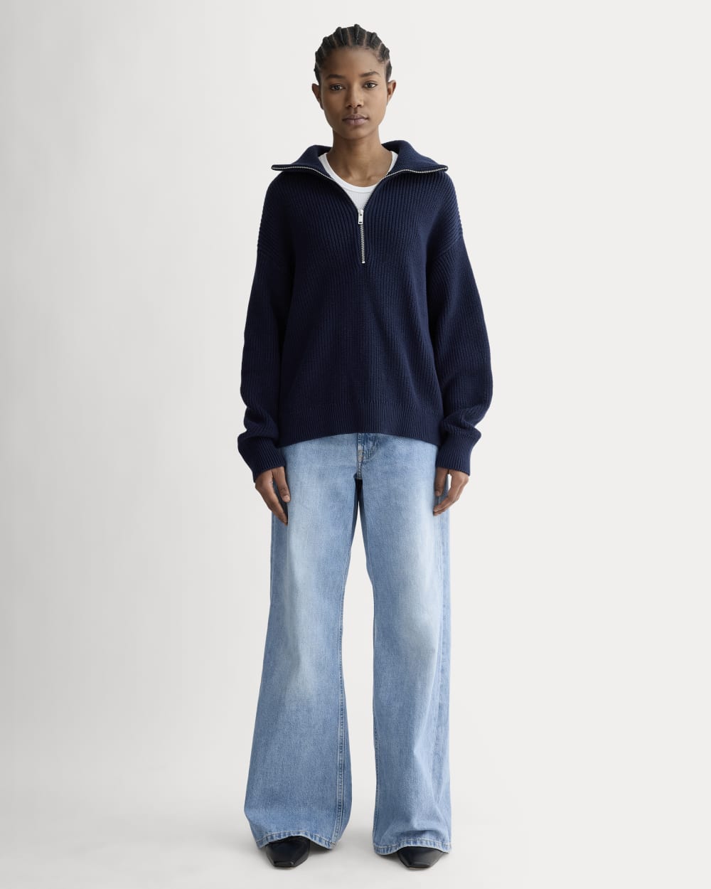 The Half-Zip in Everyday Cotton in Navy — detail view