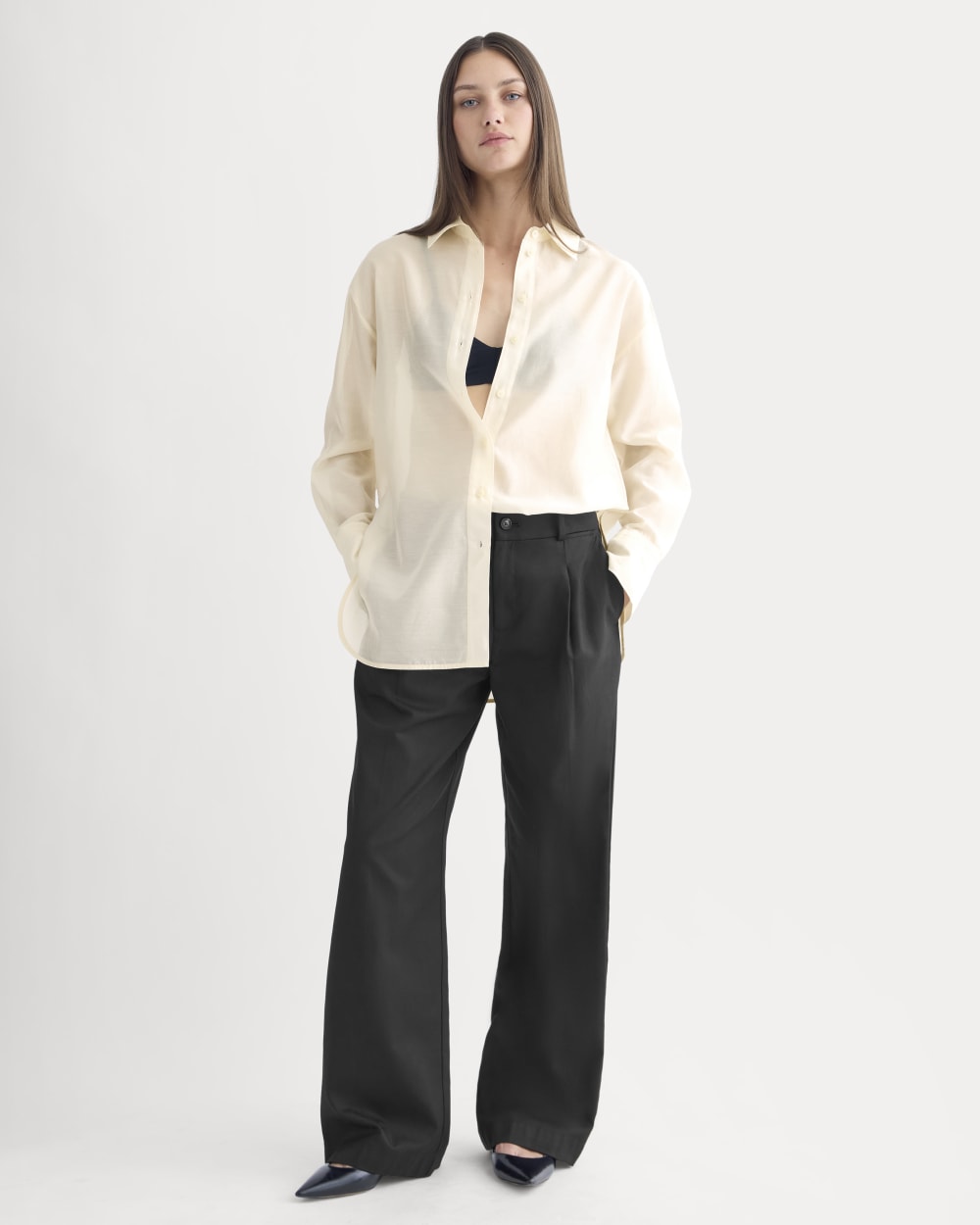 Oversized Shirt in Cotton-Silk Organza in Parchment — detail view