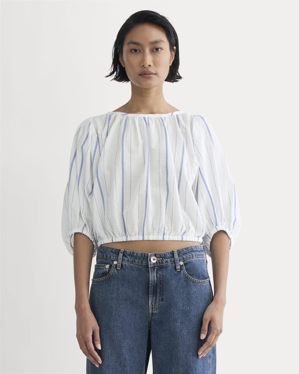 The Gauze Puff-Sleeve Top in Bone / Dutch Blue — front view