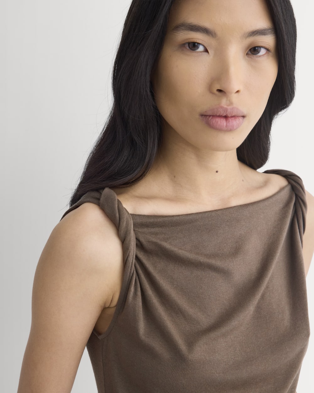 Cowl Neck Twist Tank in Butterluxe in Deep Taupe — detail view