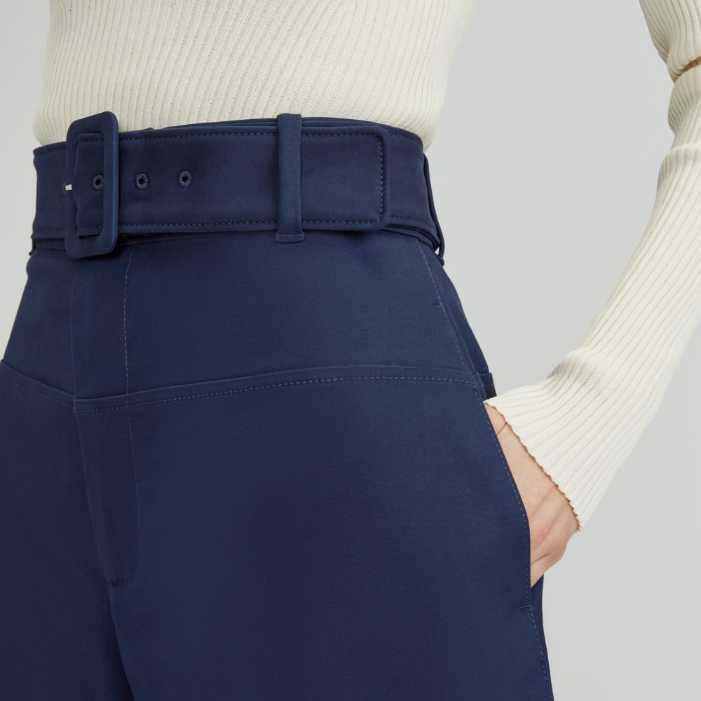 The Structured Cotton Belted Pant in Navy — detail view