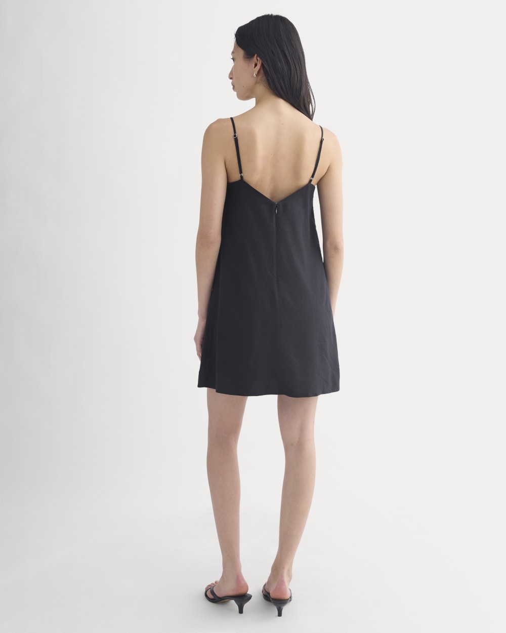 Mini Shift Dress in Stretch Linen in Black — detail view