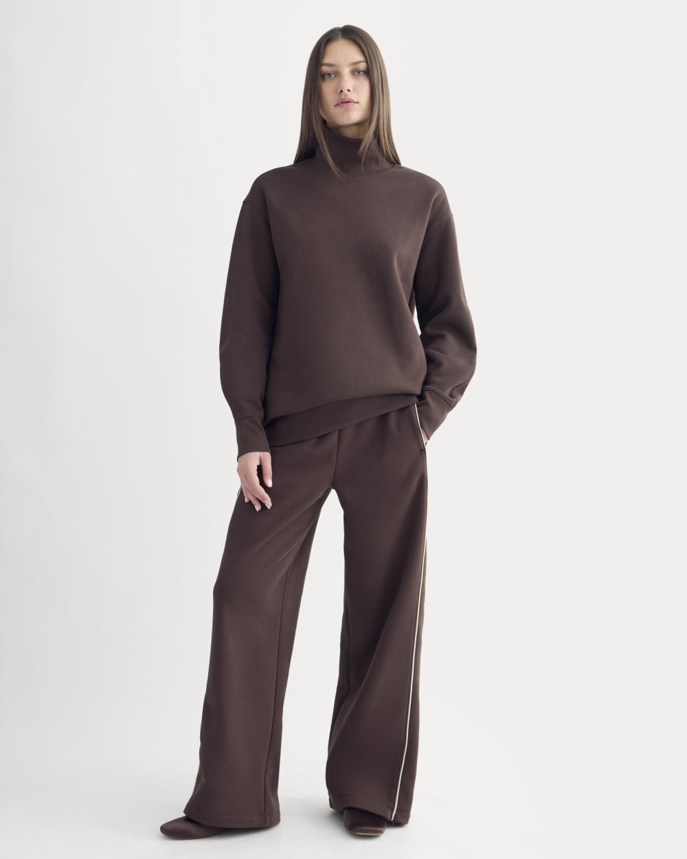 Luxe Fleece Turtleneck in Dark Chocolate — detail view