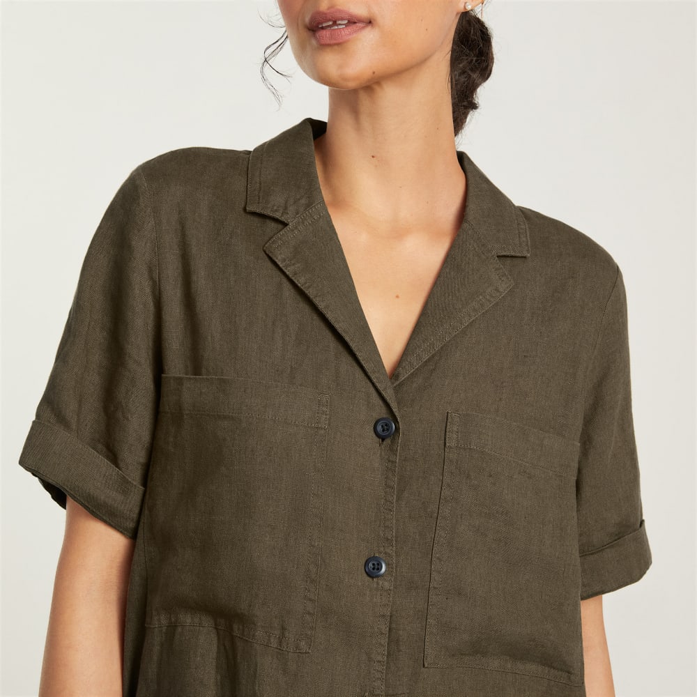 The Linen Workwear Dress in Beech — detail view