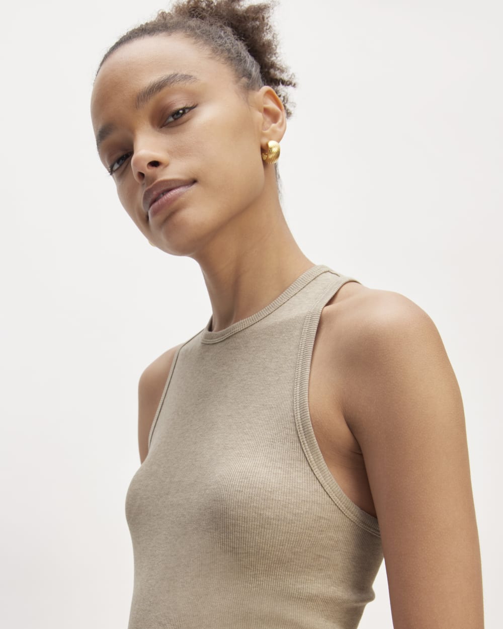 The Luxe Rib Racerback Tank in Heathered Tan — detail view