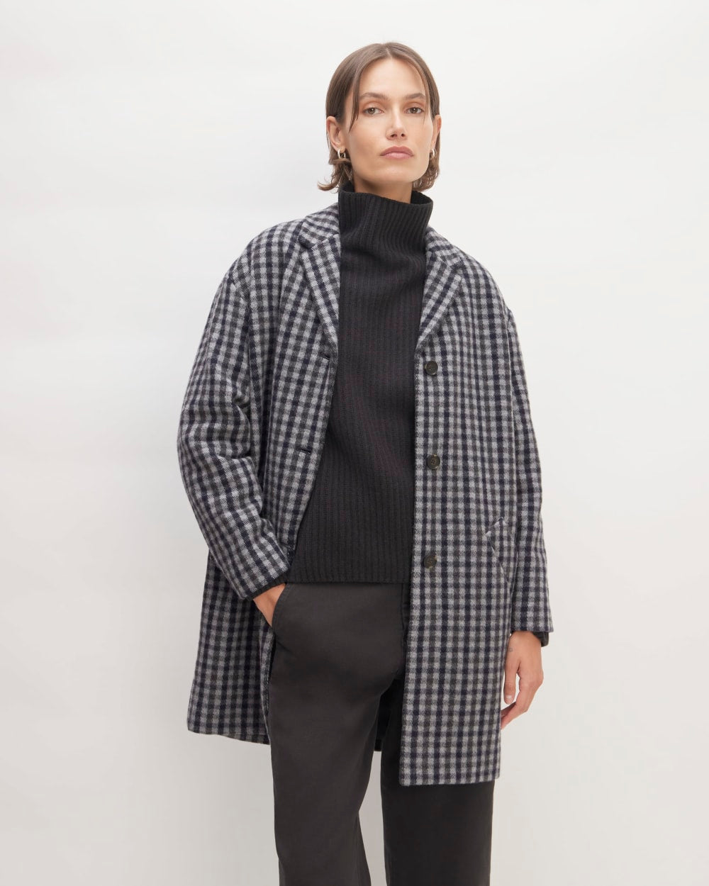 The Italian ReWool® Cocoon Coat in Grey / Charcoal / Navy Check — front view