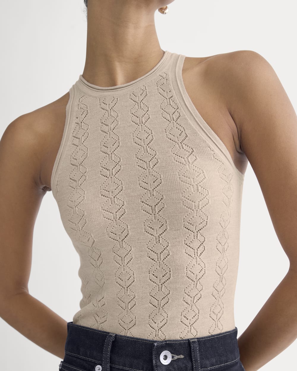 The Pointelle Racerback Tank in Ultrafine Merino in Pale Blush — detail view