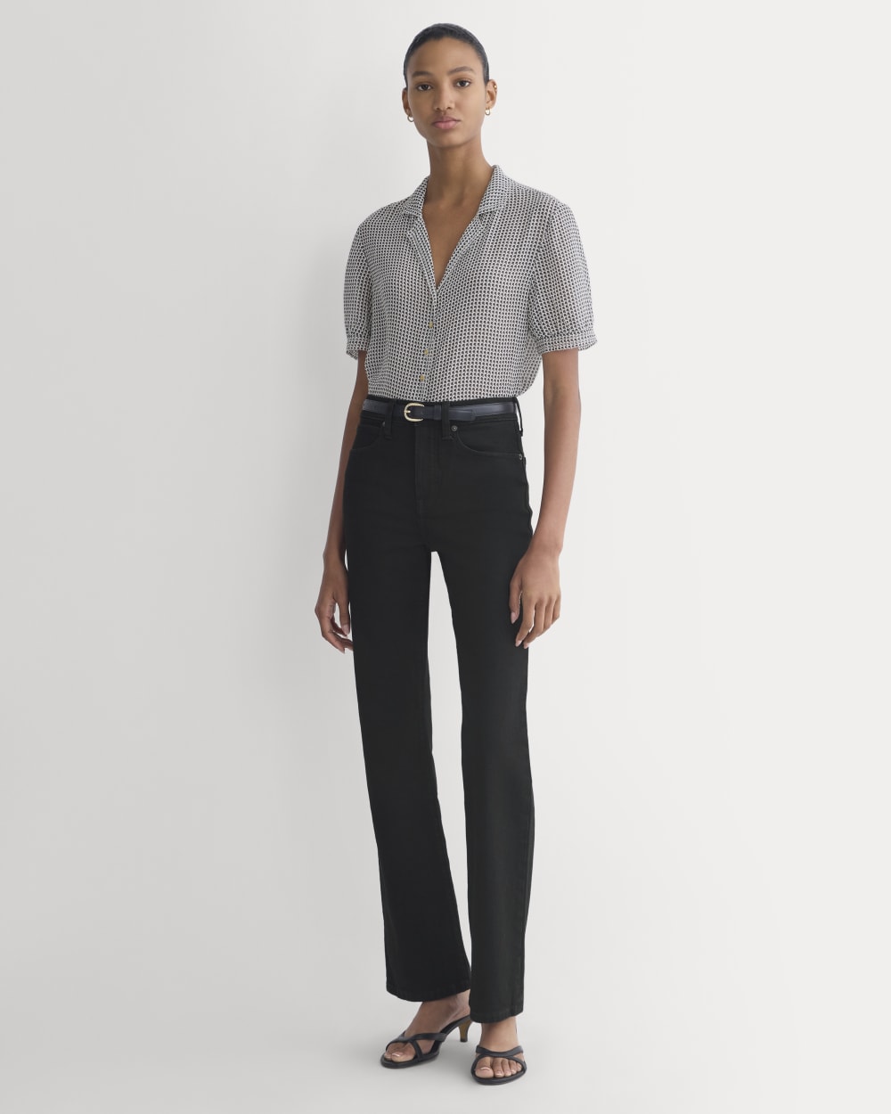 Notch Collar Shirt in Silk Georgette in Gardenia/Black Micro Dot — detail view