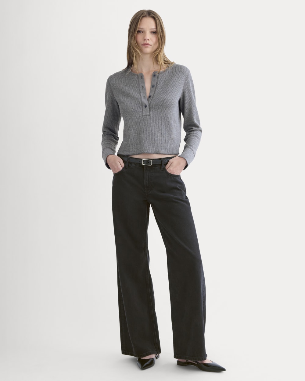 Boxy Henley in Cozy Waffle in Heathered Charcoal — detail view
