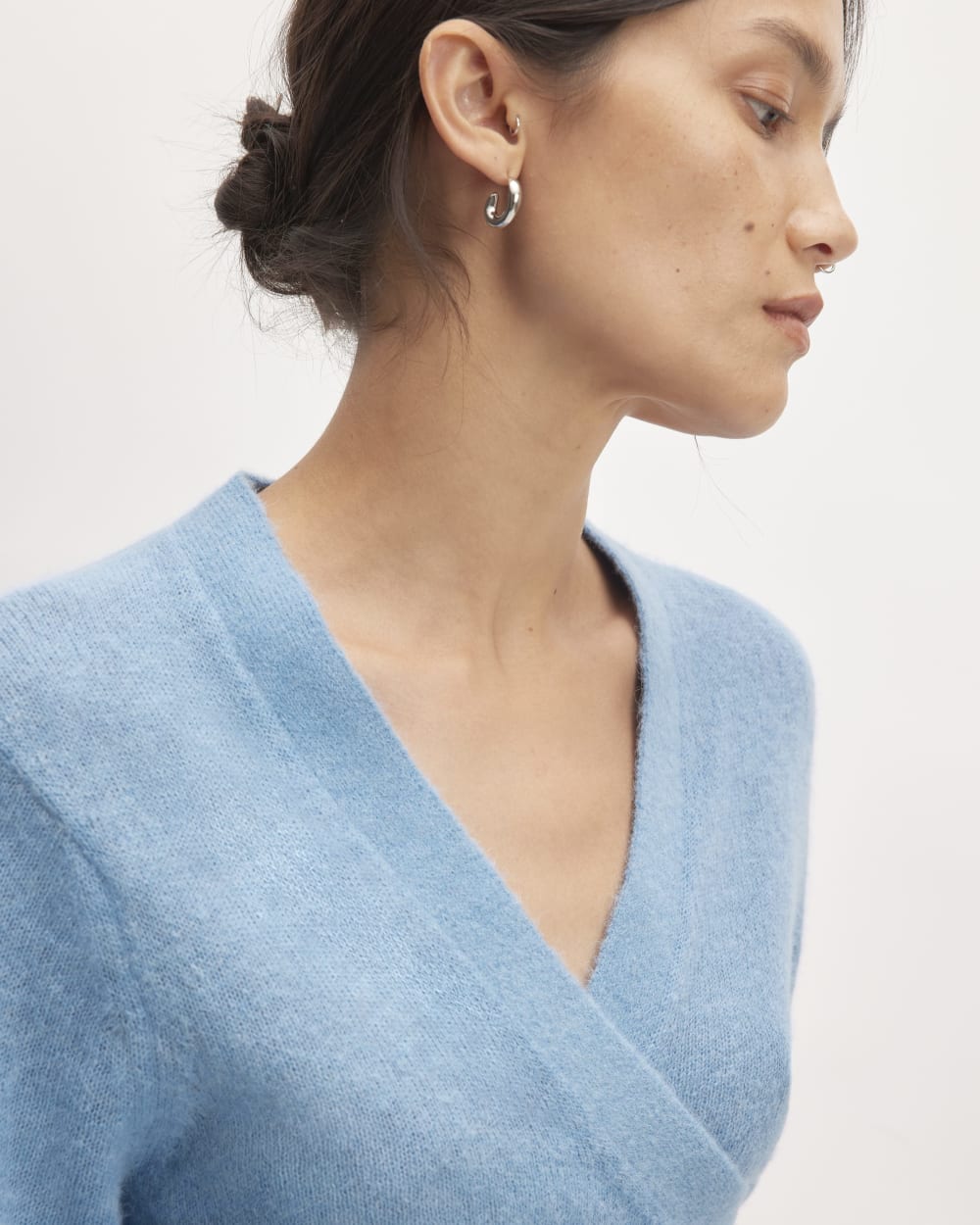 The Alpaca Wrap Sweater in Heritage Blue — detail view