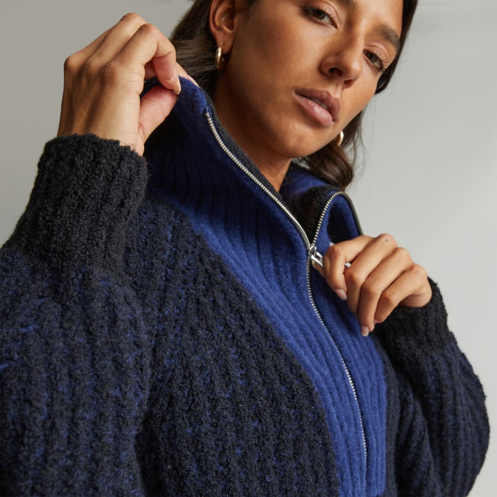 The Luxe Teddy Oversized Half Zip Sweater in Black / Ocean Cavern — detail view