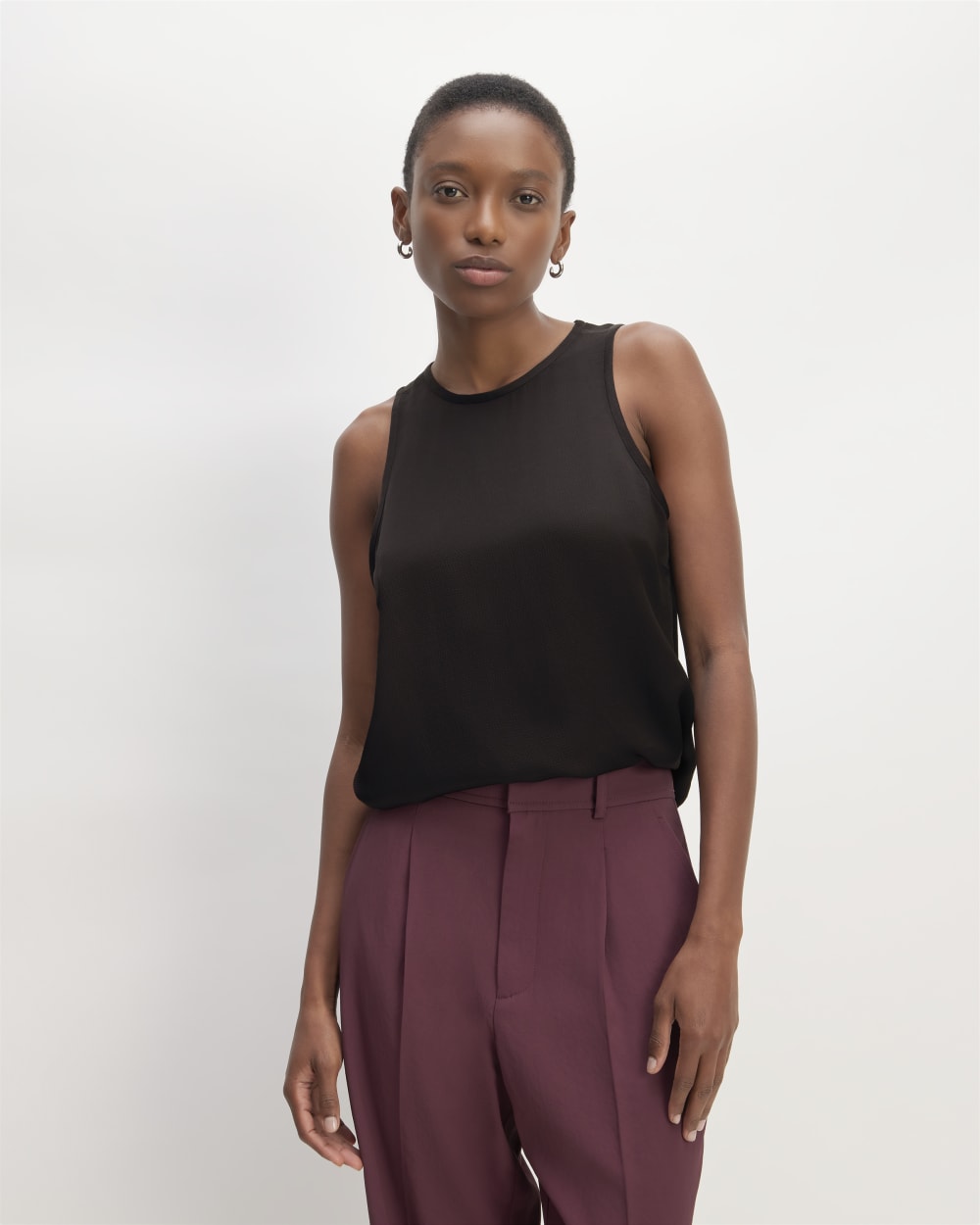 The Satin Racerback Top in Black — front view