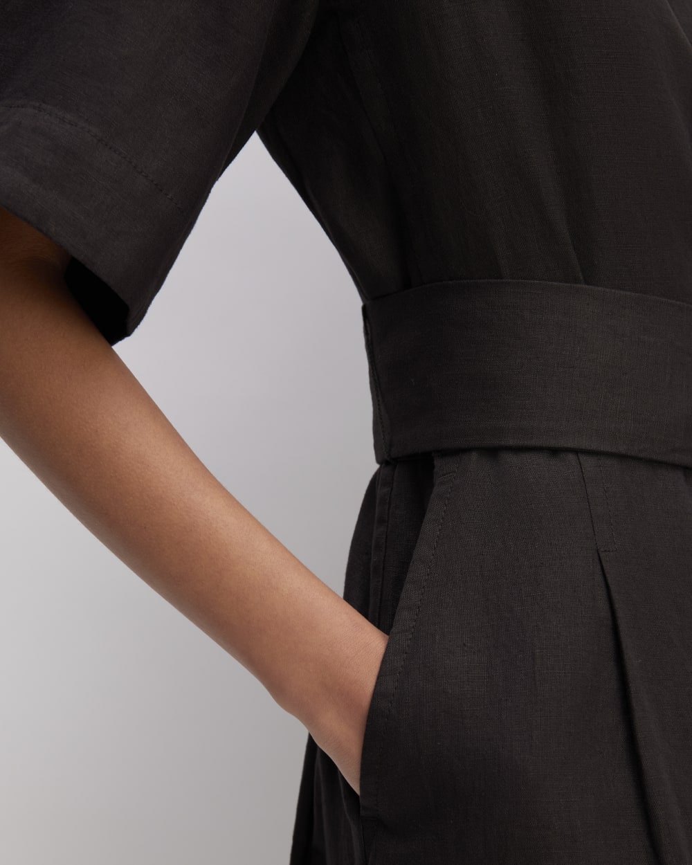 The Wrap Jumpsuit in Linen in Black — detail view