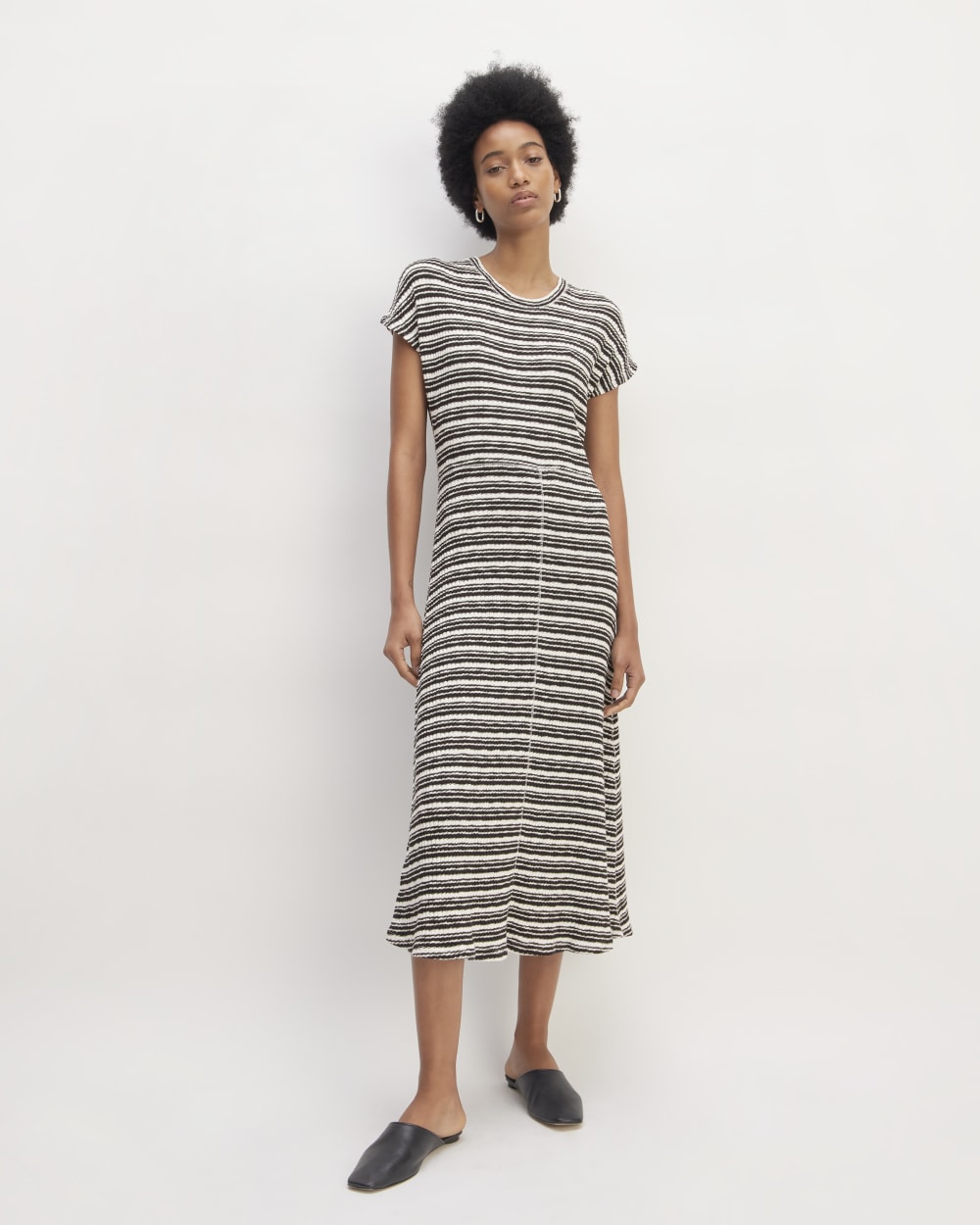 The Rib-Knit Cap-Sleeve Midi Dress in Bone / Black — front view