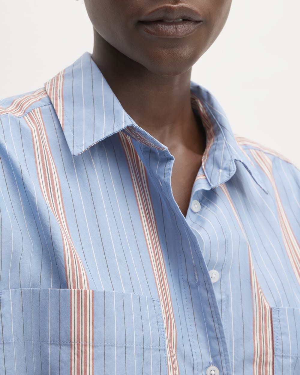 The Midi Cotton Shirt Dress in Parisian Blue / Black / Rusted Red / Bone — detail view