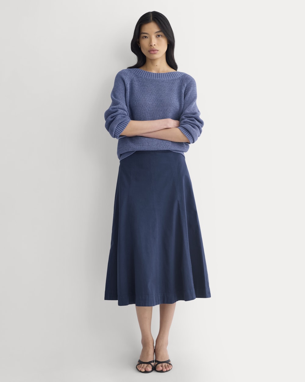 Wide-Neck Crew Sweater in Tape Yarn in Blue Dusk — detail view