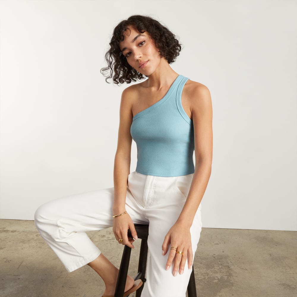 The Ribbed One-Shoulder Tank in Ice Blue — detail view