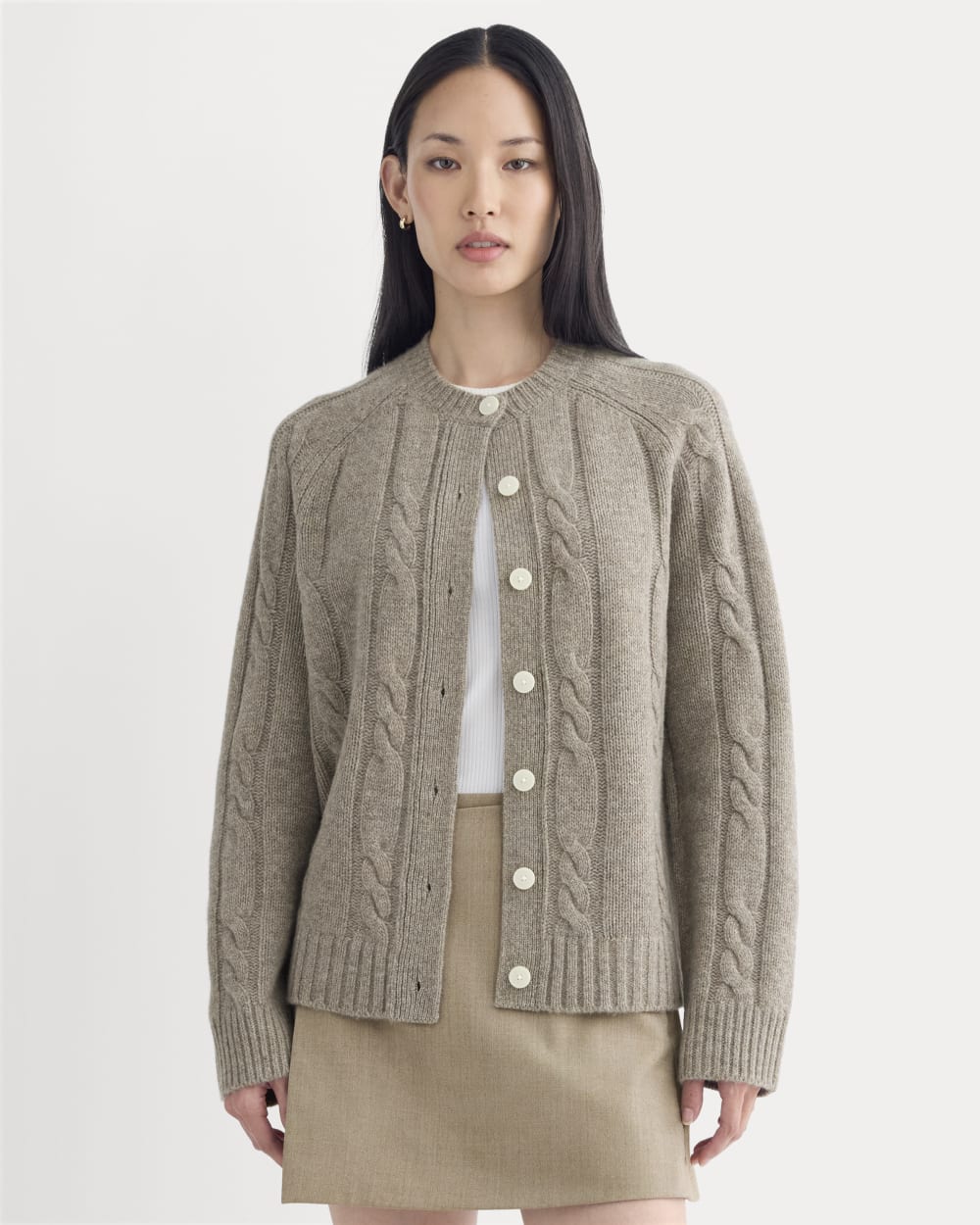Cable Cardigan in Extrafine Luxe Merino in Heather Soft Taupe — front view