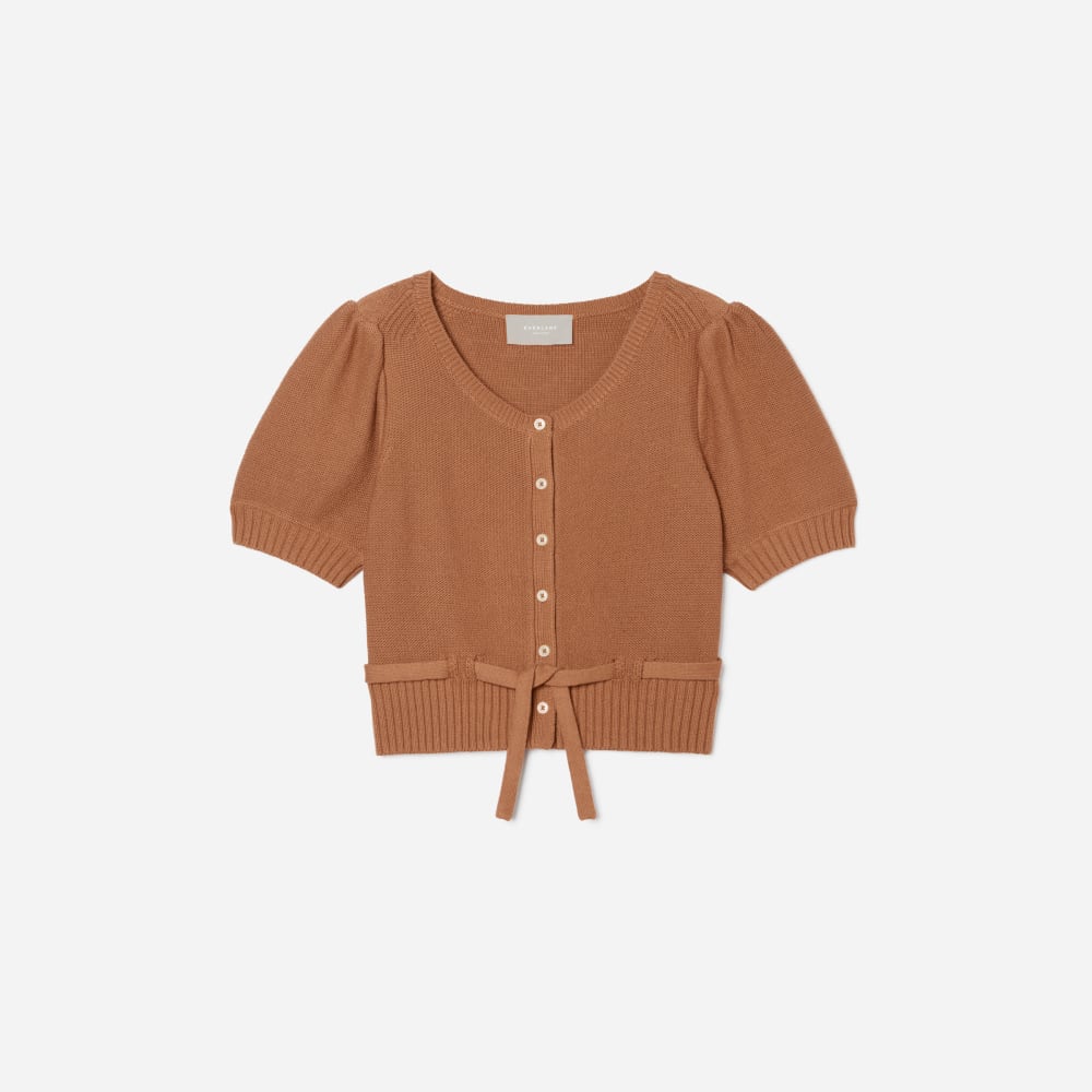 The Puff Sleeve Sweater Top in Tawny Brown — front view