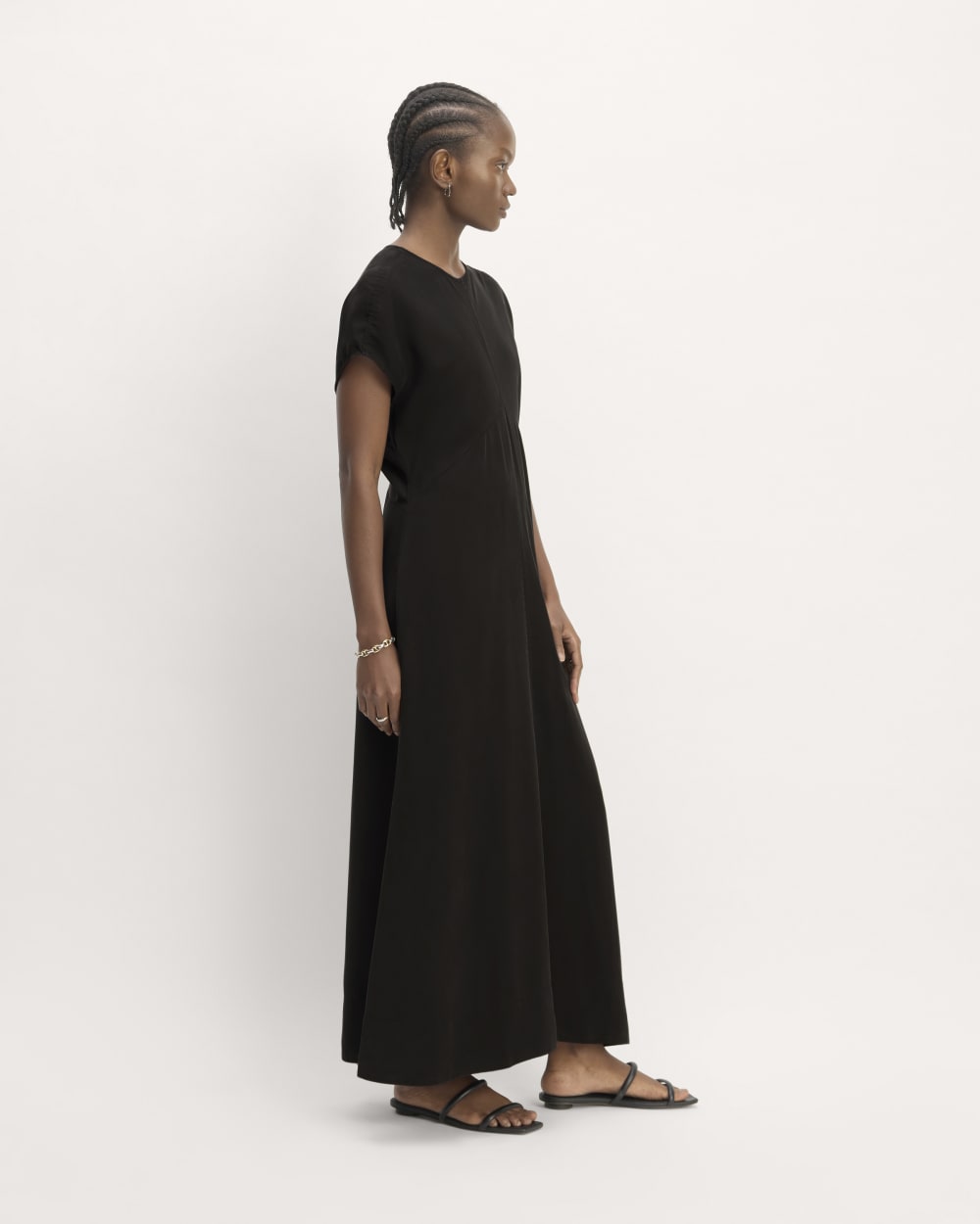 The TENCEL™ Short-Sleeve Midi Dress in Black — detail view