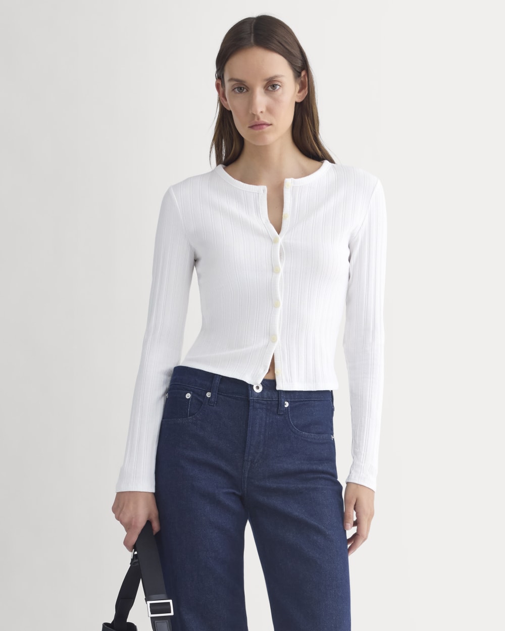Cardigan in Pointelle in White — front view