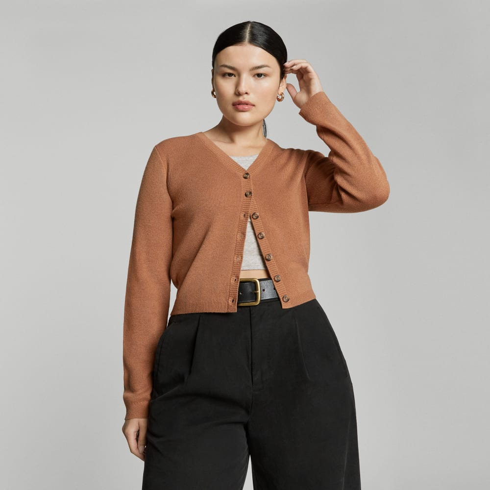 The Luxe Merino Cardigan in Tawny Brown — detail view