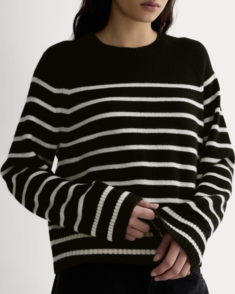 The Boxy Crew in Cashmere in Black / Bone — detail view
