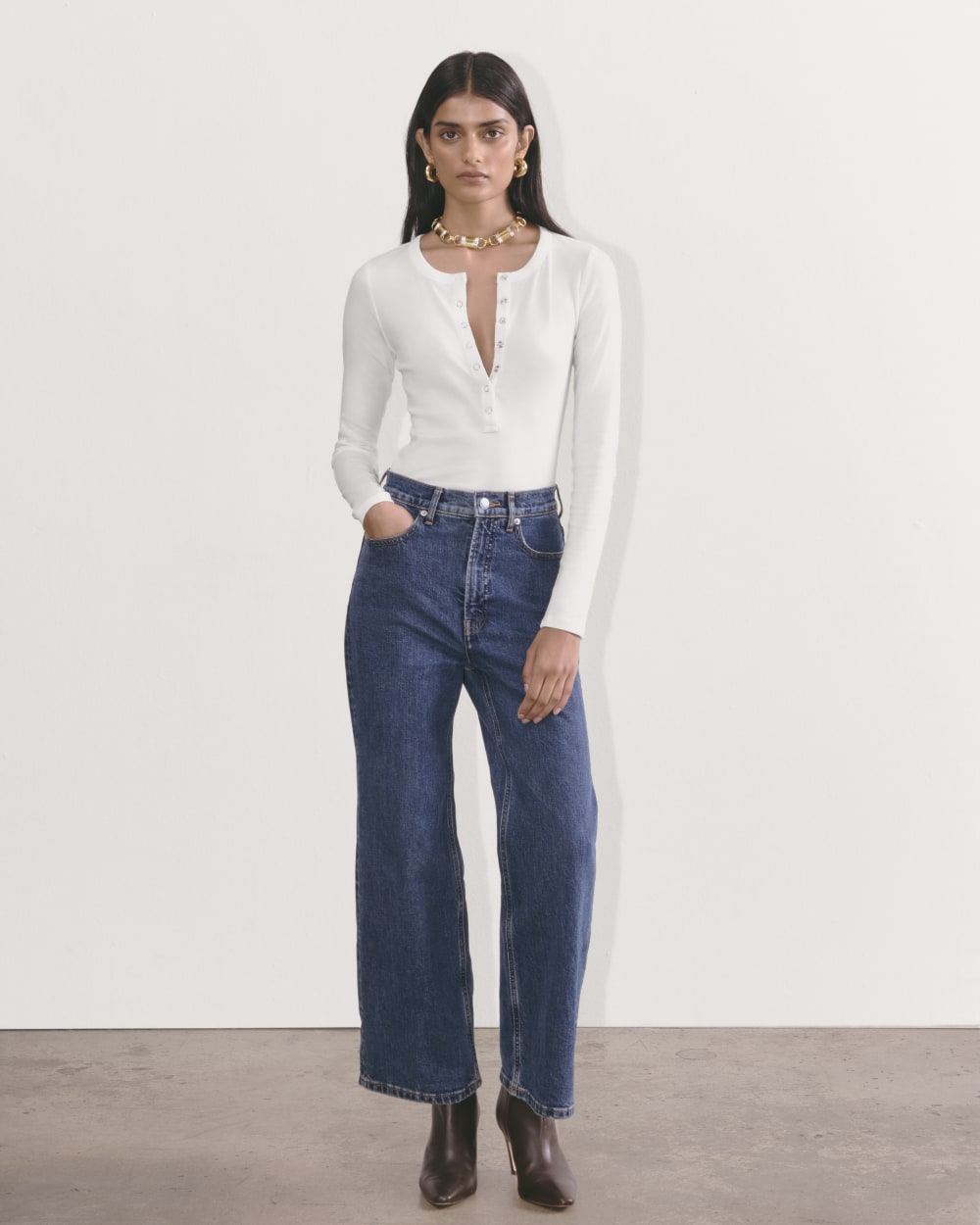 The Luxe Rib Henley in White — detail view