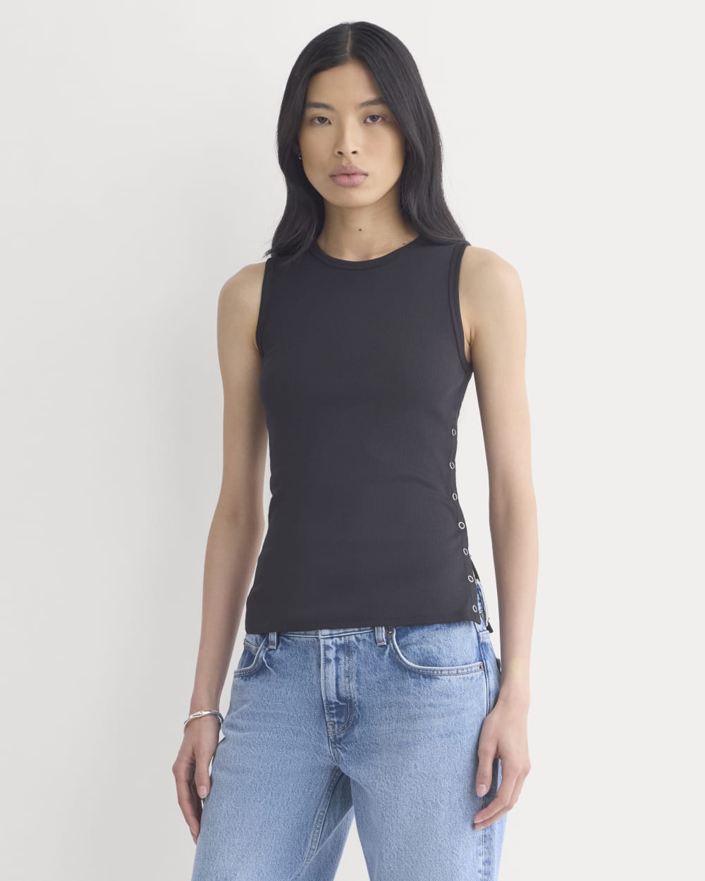 Luxe Rib Side Snap Tank in Black — front view