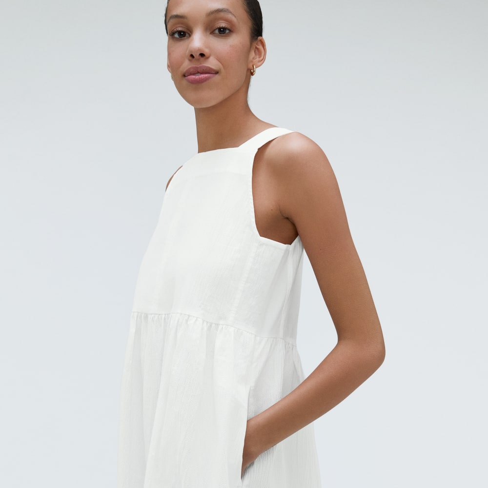The Seersucker Midi Dress in White — detail view