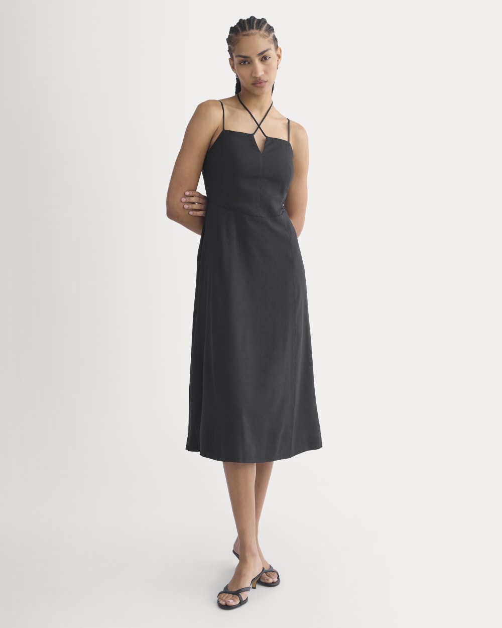 Tie-Neck Dress in Stretch Linen in Black — detail view
