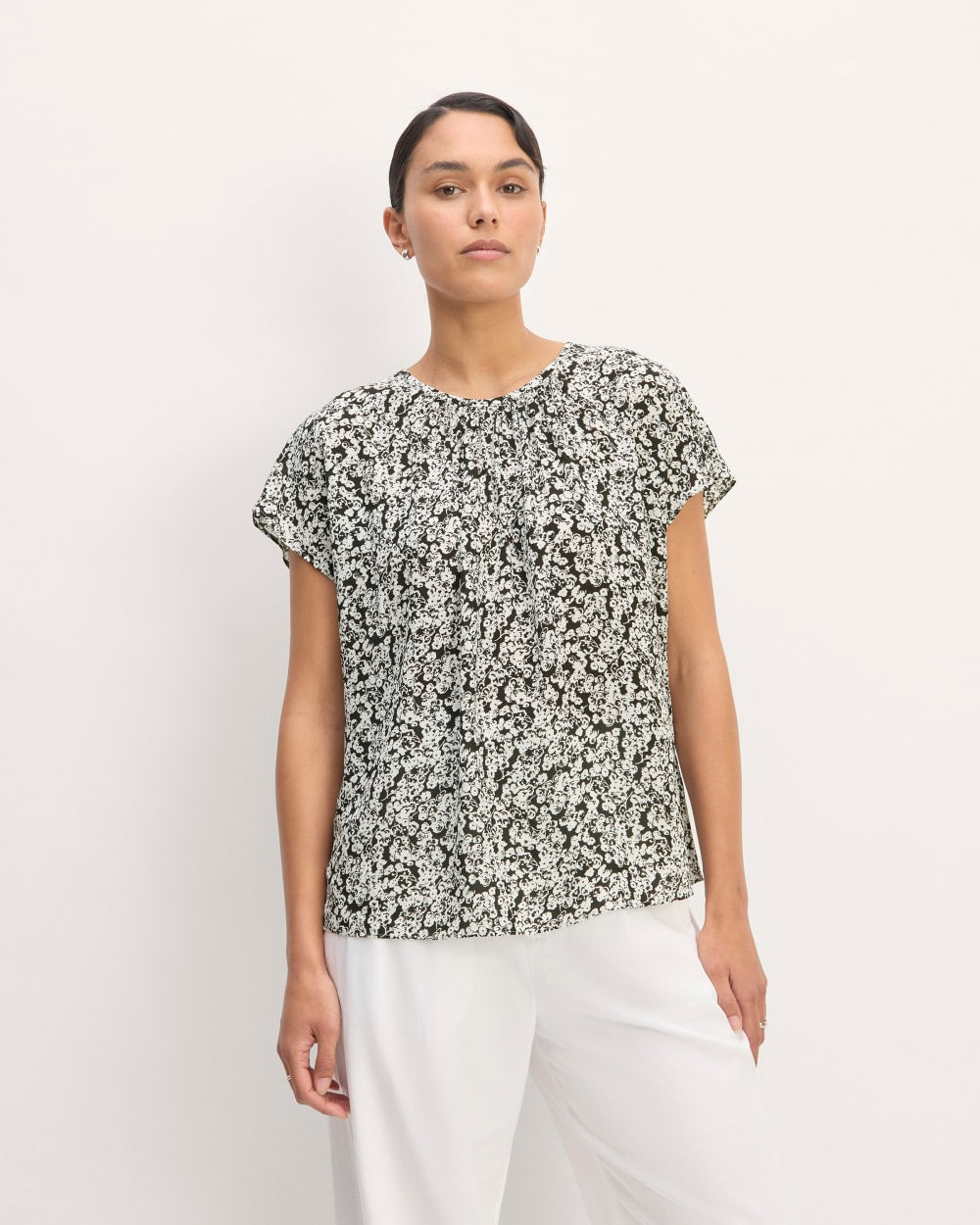 The Gathered Neck Top in Black / Bone Mini Floral — front view