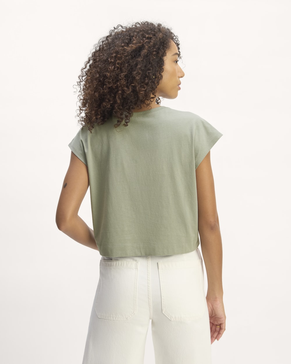 The Muscle Cropped Tee in Essential Cotton in Sage Green — detail view